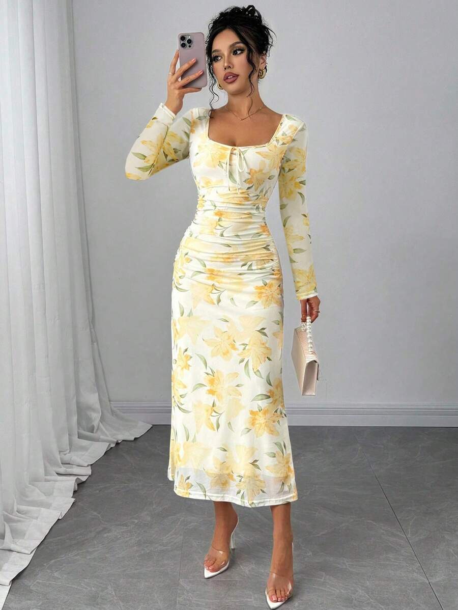 Elenzga Elegante drass aderente da donna con scollo quadrato, fiocco e arricciature, in rete con motivo a rose, charming e sexy per primavera/sopracciglie, la Festa di San Valentino