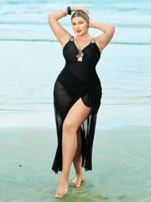 Swim Oasis Plus Size Women's Black One-Piece Swimsuit With Dual Straps & Ruffle Trim, Paired With Black Mesh Skirt, 2pcs Set For Beach Vacation For Summer