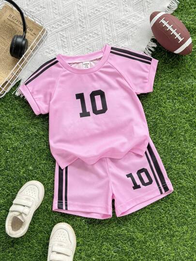 SHEIN Baby Boy Infant Toddler Newborn 0-3 Years Old Casual Sports Soccer Jersey Top + Shorts Set, Miami Team Raglan Sleeve Sportswear Toddler Jersey Set