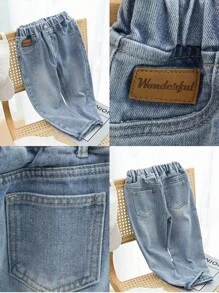 SHEIN Playful Pals Denimly 男童淺藍色牛仔褲，寬鬆版型鬆緊腰長褲，適合返校季、夏季、80年代風、職業日、學校與戶外玩耍 - 中等水洗藍 - 查看 3