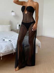 DAZY Cămașă de noapte lungă și sexy, din plasă neagră, cu model patchwork, transparentă, pentru femei