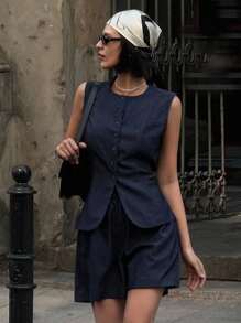 DAZY 2pcs Women Solid Color Round Neck Front Button Sleeveless Top And Shorts Set - Navy Blue - View 2