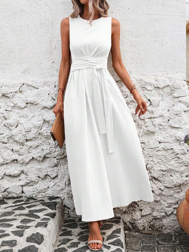 SHEIN Clasi Vestido sin mangas de unicolor con cintura fruncida y pliegues superpuestos para mujeres - Blanco - Añade 5