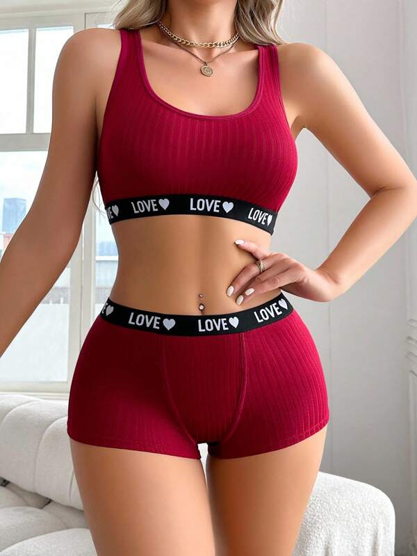 EasyFave Letter Print Waistband Women's Bra And Briefs Underwear Set