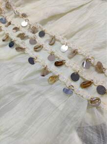 SHEIN X Scot Louie TRNVIE Áo cánh nữ tay ngắn họa tiết vỏ sò cổ chữ V sâu ôm vừa vặn đi biển viền xếp nếp thoải mái màu mơ - trắng - Xem 8