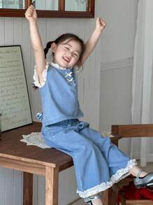 Dazy Kids 2pcs Young Girls Lace Patchwork Sleeveless Top And Wide Leg Jeans Pants Set - Light Wash - View 2