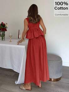 Siren Gaze 奢华纹理 A 字形褶皱抗皱长裙 - 紅色 - 查看 4