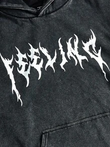 Manfinity EMRG Men's Street-Style Popular INS Matching Washed Vintage Dark Gothic Casual Outfit, Boyfriend/Husband Gift, Anniversary Gift, Fashionable Street Hoodie Set , Fall Clothes Winter - Black - View 3