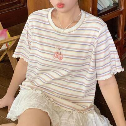 체리 자수 스트라이프 크루넥 핏 여름 티셔츠