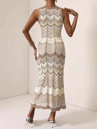 Vesra All-Over Pattern Contrast Color Crew Neck Elegant Sleeveless Sweater Dress