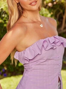 WESTFADE Embroidered Woven Ruffle Trim Faux Button Front Smocked Back Split Hem Sleeveless Flyaway Top Cute Summer Top