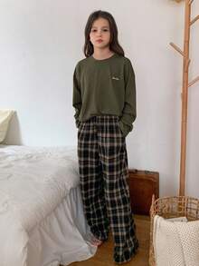 Hapijoa 青少年女孩圆领长袖宽松休闲上衣和裤子睡衣套装 - 軍綠色 - 查看 5