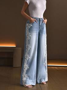 Selenza Women's Elegant Lace Patchwork Denim Jeans - Blue - View 4