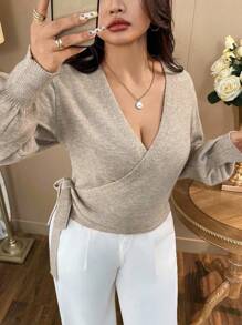 Auvina 1 件女士加大码优雅系带长袖针织开衫，适合秋冬季 - 卡其色 - 查看 6