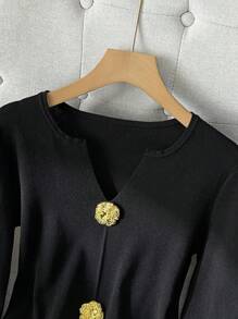 Franclia Metal Decor Notched Neck Fitted Knit Sweater Knit Pullover Fall Winter - Black - View 6