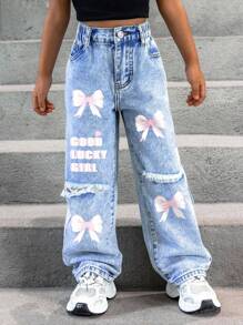 SHEIN Explorewe Young Girl New Y2K Style Denim Jeans   New Fashionable High-Quality Distressed Washed Denim Straight Leg Jeans - Light Wash - View 6