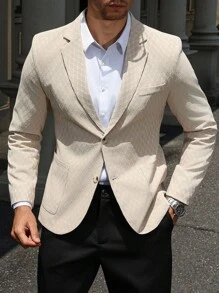 Manfinity Mode 男士休闲翻领单排扣西装外套，男士休闲纯色单扣西装外套，适合日常穿着，INS 畅销商品 - 卡其色 - 查看 3