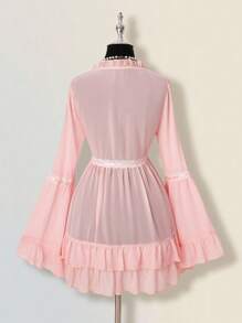 SHEIN ICON 层叠荷叶边 V 领蕾丝边喇叭袖迷你连衣裙 - 粉色 - 查看 2