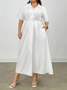 Firerie 新款夏季衬衫风格高腰长裙，带口袋，纹理白色长裙；适合情人节、音乐会、表演、约会、正式晚宴、舞会、婚礼季节、性感、优雅、通勤、返校、度假、海滩、迷人浪漫、办公室女士、美人鱼风格、生日派对 - 白色 - 查看 1