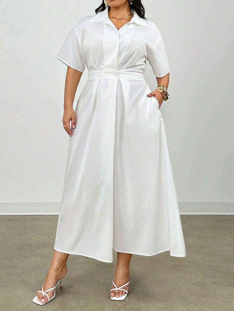 Firerie 新款夏季衬衫风格高腰长裙，带口袋，纹理白色长裙；适合情人节、音乐会、表演、约会、正式晚宴、舞会、婚礼季节、性感、优雅、通勤、返校、度假、海滩、迷人浪漫、办公室女士、美人鱼风格、生日派对 - 白色 - 查看 1