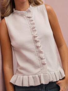 Enchnt Chaleco de punto de mujer de un solo pecho con volantes y bajo de moda de unicolor
