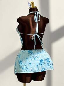 Amplova Bộ 2 món áo hở lưng buộc dây phía trước và chân váy ngắn in họa tiết hoa đính sequin và hạt cườm gợi cảm dành cho kỳ nghỉ bãi biển dành cho nữ cỡ lớn - Màu xanh lam - Xem 9