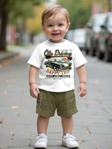 SHEIN ModeFlare Wear Baby Boy Casual Simple Cartoon Retro Print Short Sleeve T-Shirt And Shorts Set, Suitable For Summer - Army Green - View 2