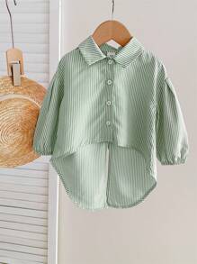 SHEIN Babygirl 休闲街头风不对称条纹长袖衬衫，亲子装 - 綠色 - 查看 6