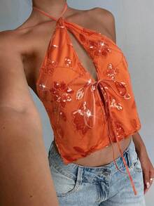Aloruh 女式性感系带露背串珠刺绣短款背心 - 橘色 - 查看 4