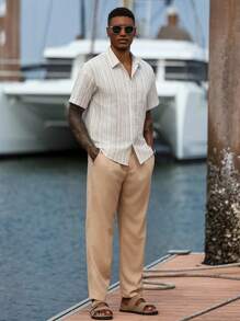 Manfinity Homme Men's Solid Color Pleated Straight Loose Casual Pants Linen Pants Men Men Summer Pants Breathable Summer Pants Men - Khaki - View 2