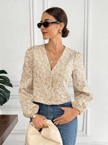 Serisse 女装秋季花卉提花长袖单排扣时尚夹克外套商务休闲女装返校服秋季女装四季服装教师装优雅灯笼袖花卉夹克居家办公 - 杏色 - 查看 7