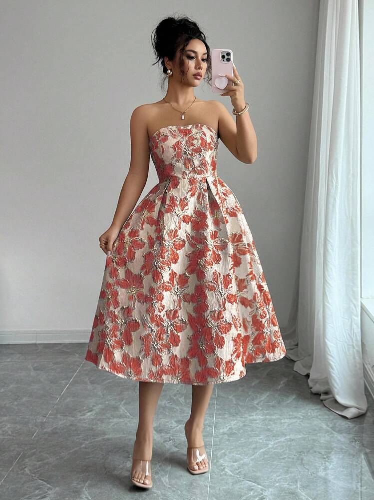 SHEIN Elenzya Váy midi trễ vai họa tiết hoa thanh lịch thời trang dành cho nữ - Đỏ - Xem 1