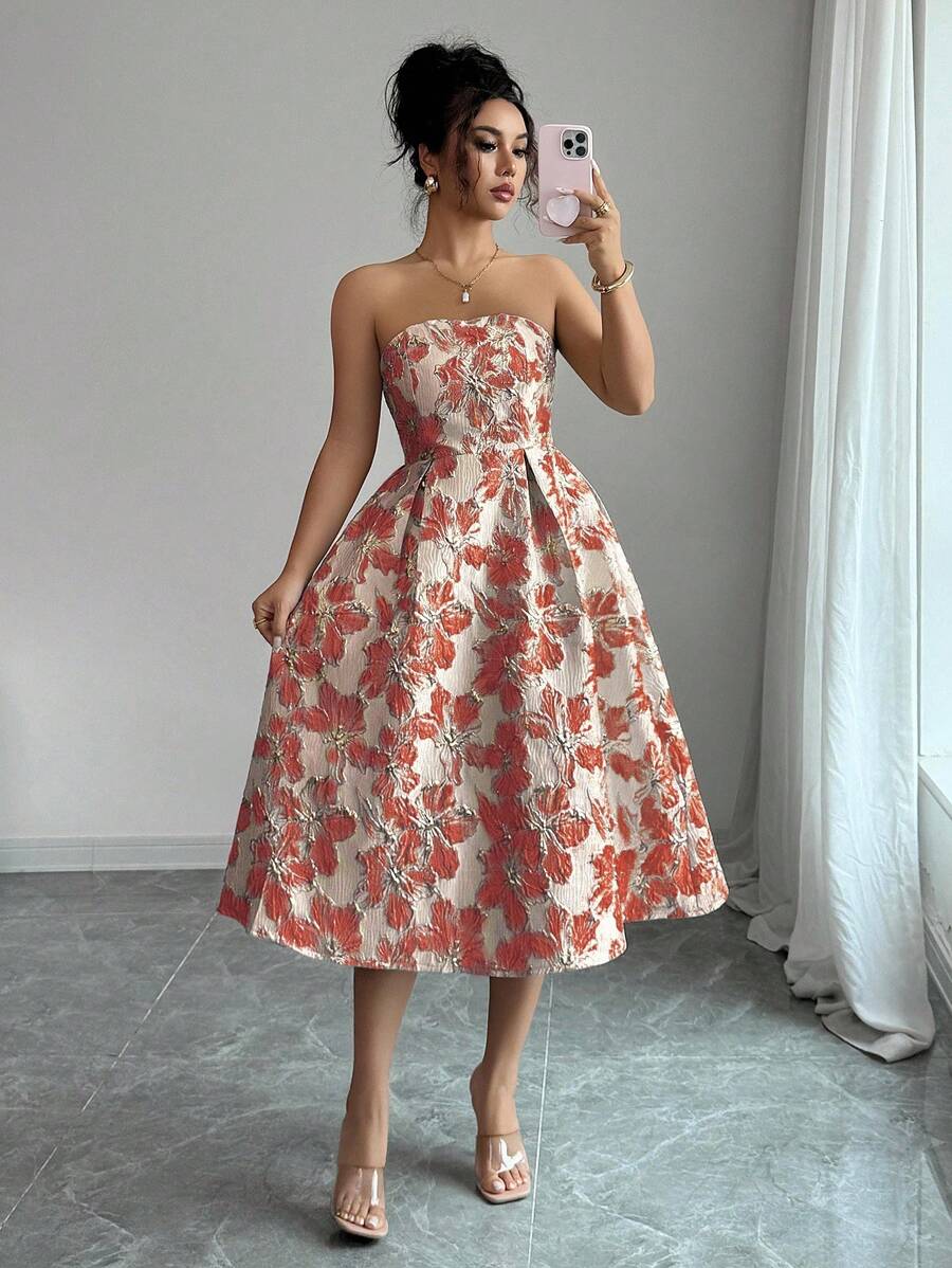 Elenzga Váy midi trễ vai họa tiết hoa thanh lịch thời trang dành cho nữ - Đỏ - Xem 1