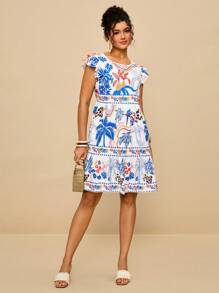 SHEIN VCAY 大码女式花卉印花宽松短款连衣裙，圆领荷叶边袖连衣裙，白色连衣裙 - 白色 - 查看 4