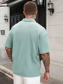 Manfinity Homme Men's Sage Green Knitted Short Sleeve Polo Shirt,High-End Textured Button-Up Collar Golf Shirt,Summer Casual Vacation Wear,Daily Commuting Polo Shirt - Green - View 2