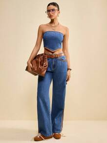 Muvela Women's Retro Denim Tops Sexy Backless Tube Top Suede Fabric Stitching Retro Street Style 100% Cotton Comfortable Denim Barn Style Tops Y2K Music Festival Fall - Medium Wash - View 4