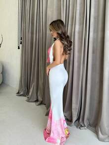 Jemour 女士春夏音乐节深 V 性感豹纹亮片蕾丝紧身挂脖迷你连衣裙 - 粉色 - 查看 6