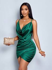 SOLERSUN Elegant Solid Color Draped Collar Backless Ruched Satin Party Bodycon Short Dress - Dark Green - View 4