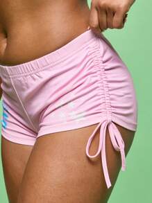 SUMWON WOMEN Booty Sport Shorts High Waist Side Drawstring Ruched Shorts For Festival Beach Lounge Casual Running Apparel - Pink - View 5