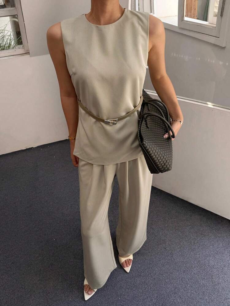 2pcs Women Minimalist Commuter Solid Color Sleeveless Top And Wide Leg Pants Set With Belt