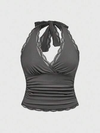 Grunge Punk Blusa ajustada con cuello alto y lazo de encaje Casual Y2K para mujeres de talla grande