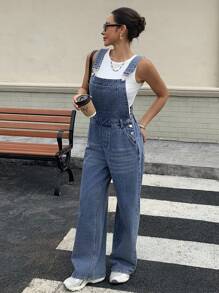 Livesso 女士宽松休闲牛仔背带裤，夏季工装裤 - 藍色 - 查看 5