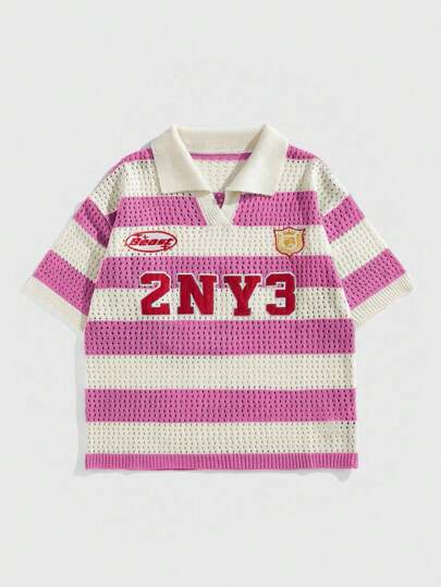 Prep Men's Fashion Street Embroidery Pattern Contrast Stripe V-Collar Dropped Shoulder Loose Hollow Knit Sweater