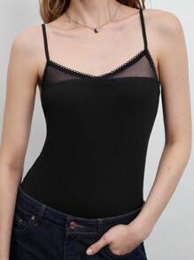 Maija 女士黑色夏季服装，网眼拼布罗纹面料可调节细肩带紧身衣，时尚优雅性感修身，适合音乐节 - 黑色 - 查看 2