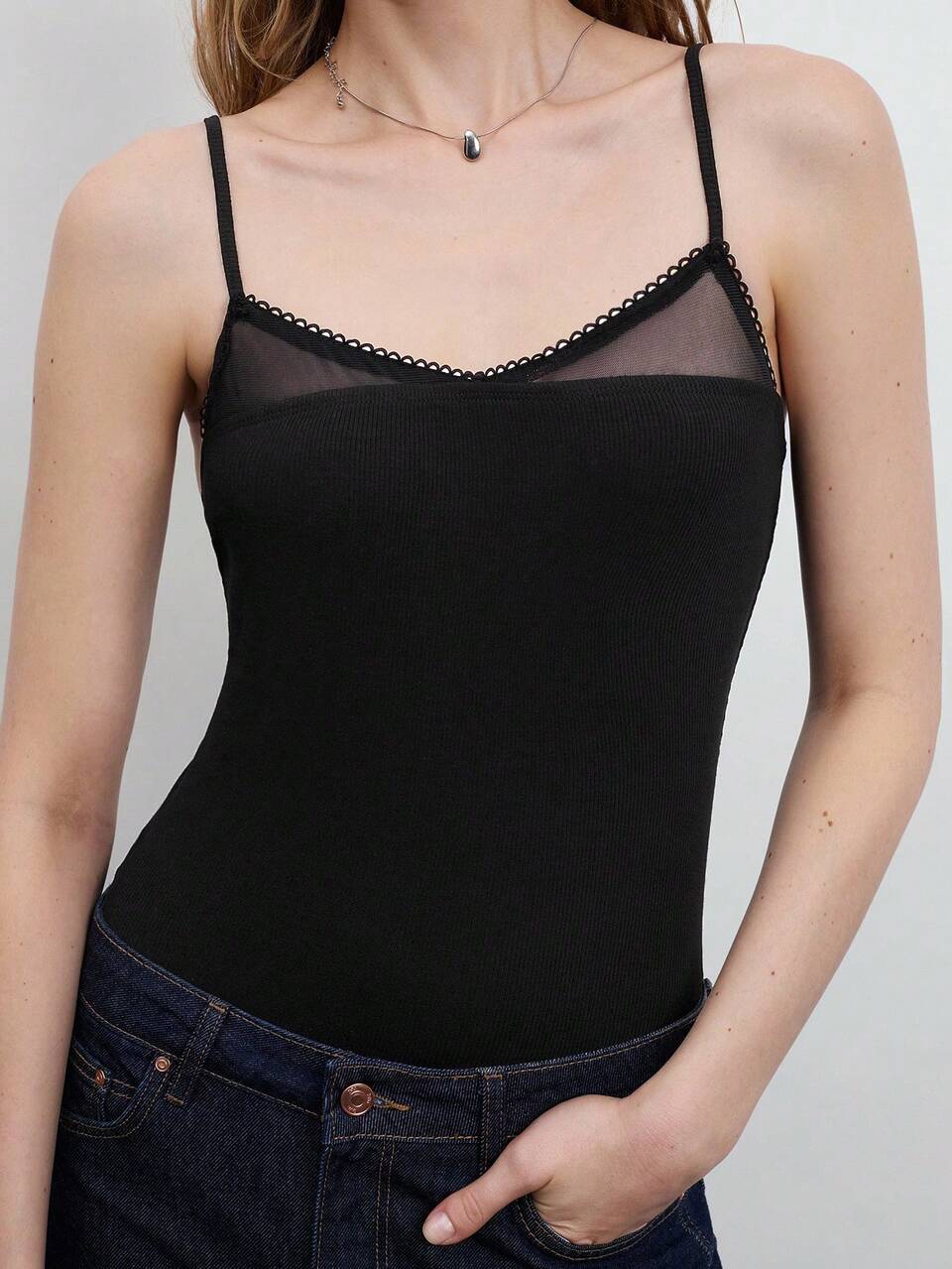 SHEIN Maija Women's Black Summer Outfit,Mesh Patchwork Ribbed Fabric Adjustable Spaghetti Strap Bodysuit,Basic Casual Night Out Fashionable Elegant Fitted