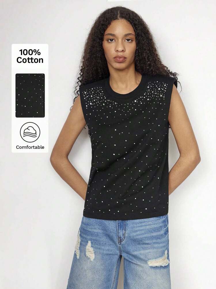 SHEIN Maija Women's Black Summer Casual Rhinestone Decor Round Neck Padded Shoulder Tank Tops, Loose Sleeveless Fashion Top For Urban Party Music Festival