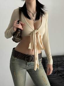 INAWLY 女士时尚性感纯色短款长袖 T 恤 - 杏色 - 查看 6