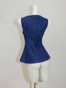 SHEIN MOD 女式休闲前扣无袖牛仔衬衫，夏季 - 中等水洗藍 - 查看 2