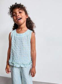 SHEIN Young Girl Plaid Print Round Neck Sleeveless Top And Pants Casual Suit - Multicolor - View 2