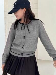 Dazy Kids 少女蝴蝶结装饰长袖单排扣休闲宽松开衫 - 灰色 - 查看 7